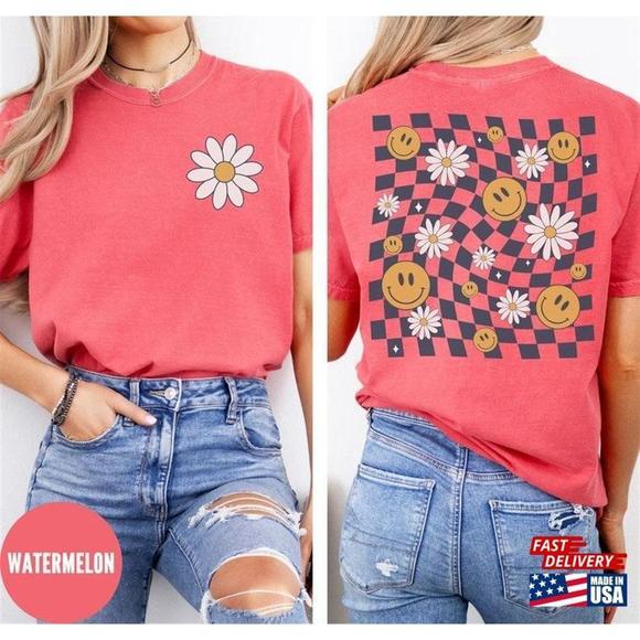 Tops - Retro Daisy Smiley Faces Tee  Be Happy Shirt Unisex Tshirt 2 Sided